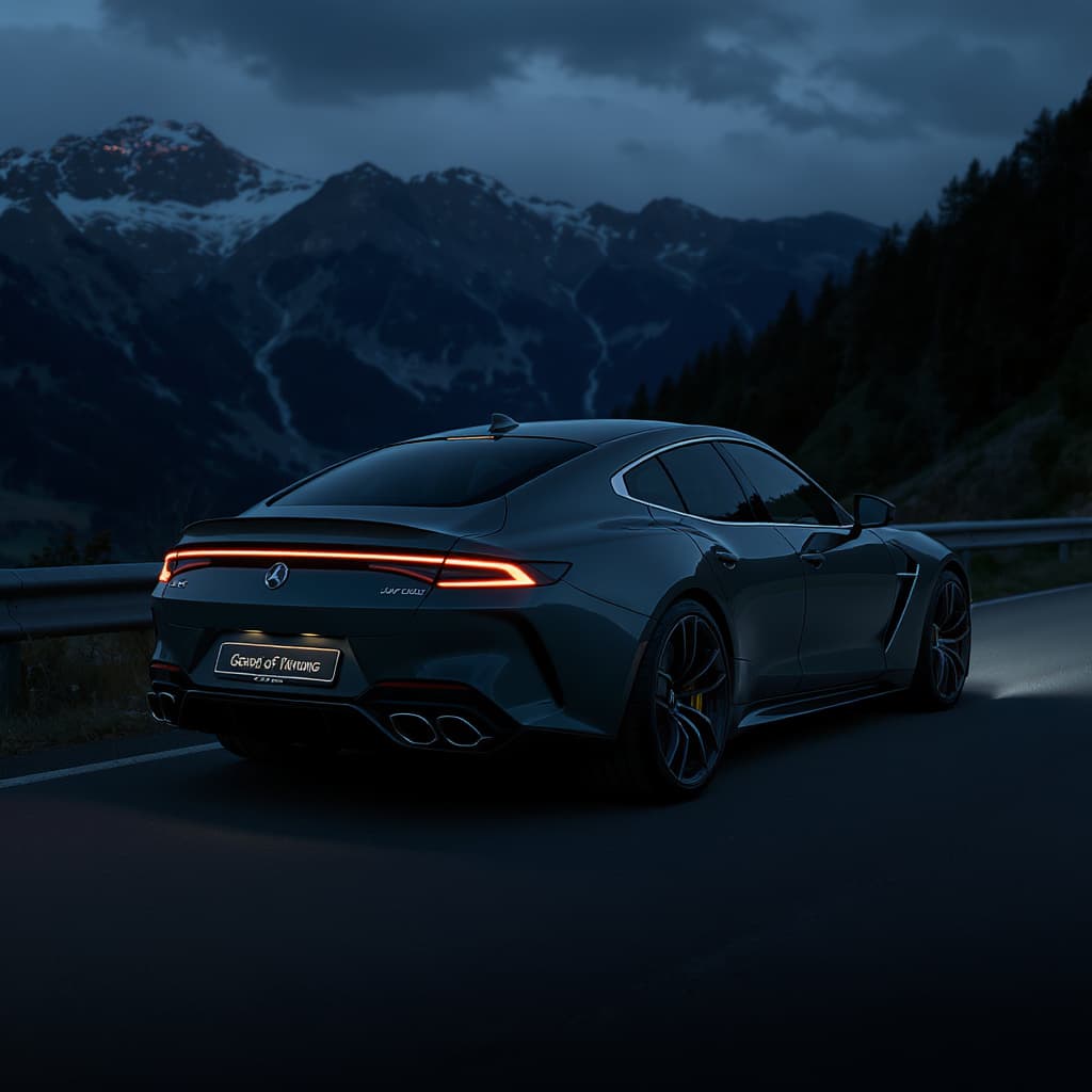 A dark sports car on a mountain road at blue hour.